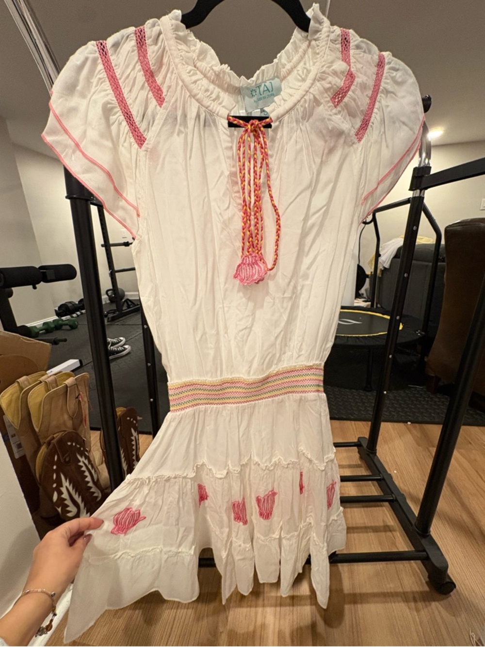 TAJ by Sabrina Crippa White Mini Dress with Pink Hand Embroidery of Shells &Trim